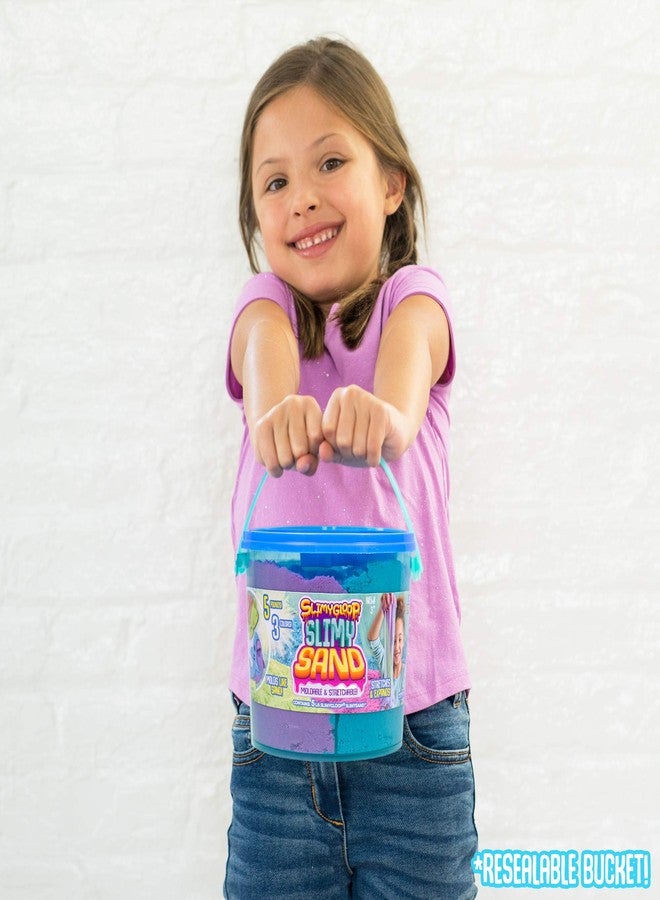 SLIMYSAND Bucket - 5 Pounds of Slimy Sand in 3 Colors (Blue, Green, Purple) - Cotton Candy Sand Play Set with 3 Molds and Reusable Bucket for Storage - Super Stretchy & Moldable Cloud Slime - Image 5